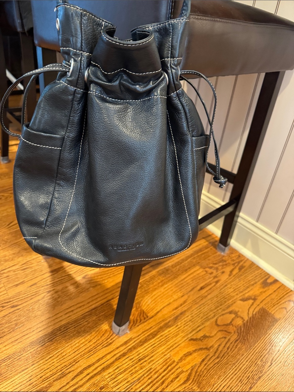 Kenneth Cole Reaction Black Leather Drawstring Bucket Shoulder Bag